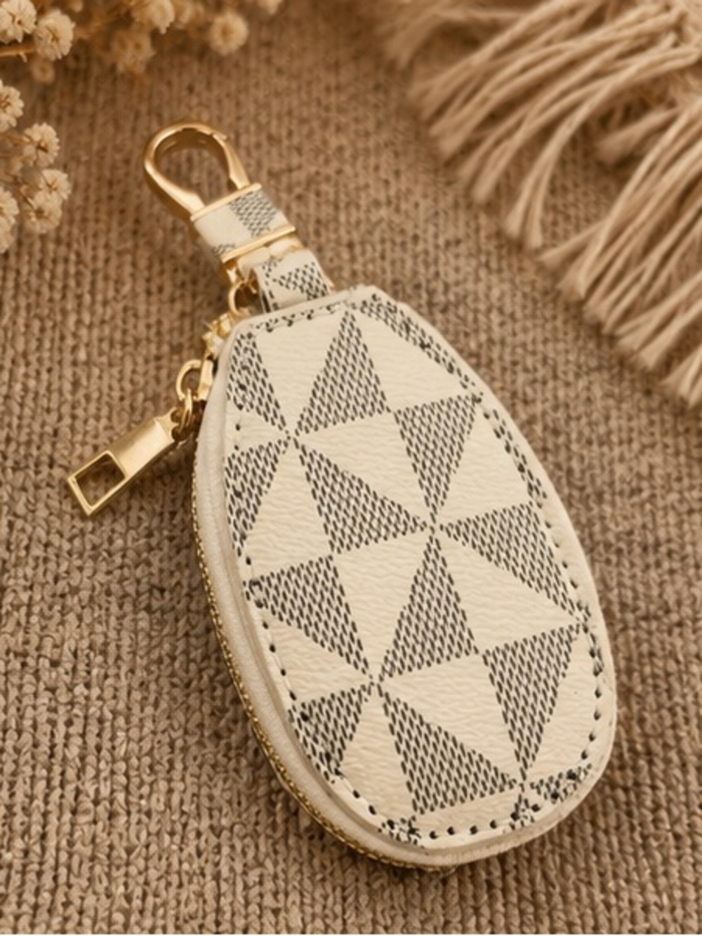 Designer Inspired Ivory Checkered Oval Keychain Coin Pouch | Purse Charm